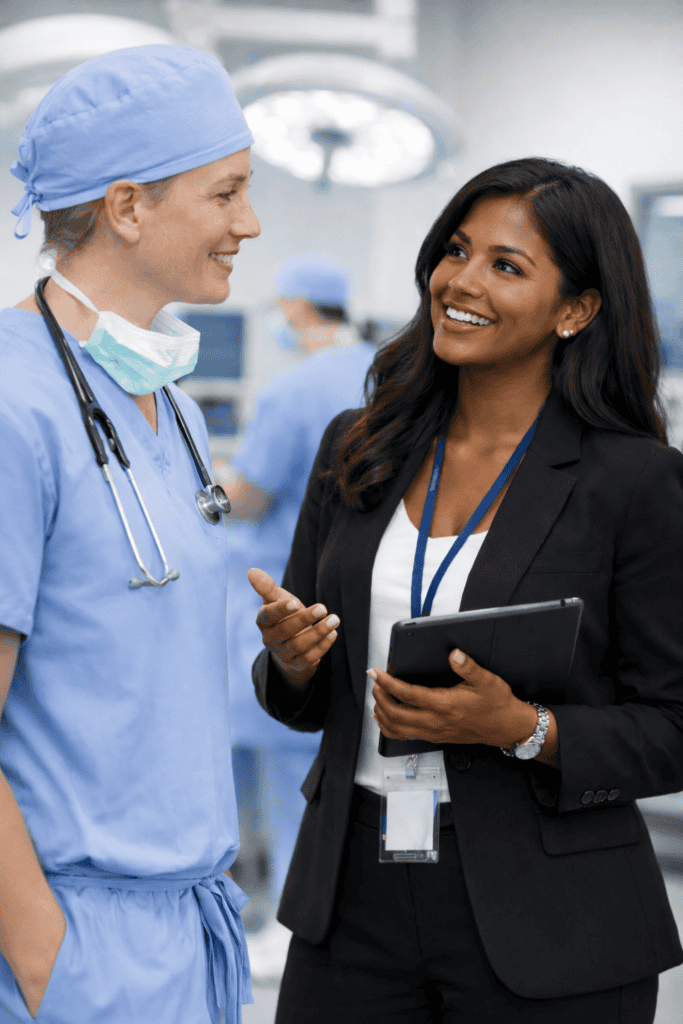 Female healthcare professional and doctor discussing patient care in hospital setting.